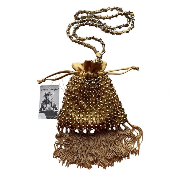 Betsey Johnson **RARE**Vintage Gold‎ Beaded Drawstring Fringe Bag – NWT